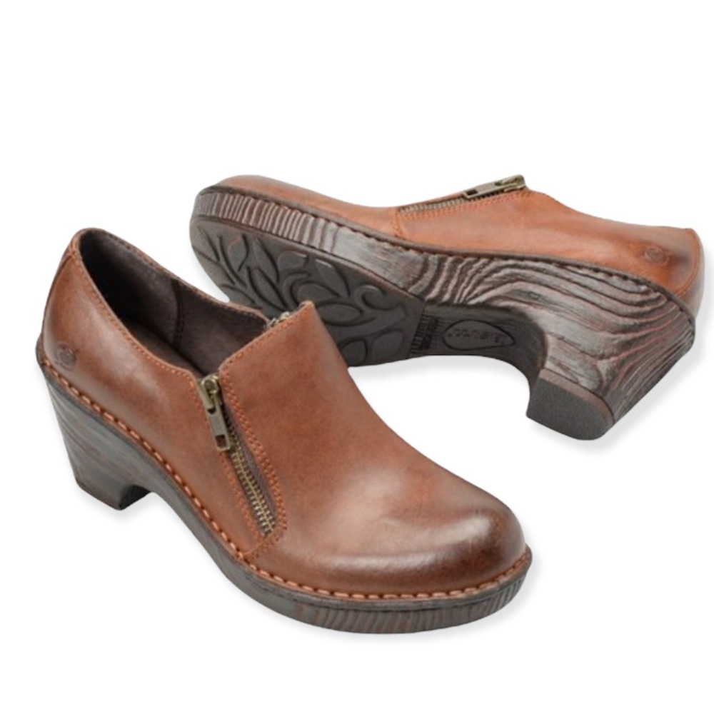 Born Elliott Women's Brown Leather Side Zip Clogs Shoes Size 10